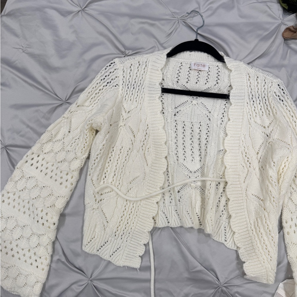 Fate White Cropped Cardigan Sweater with Bell Sleeves